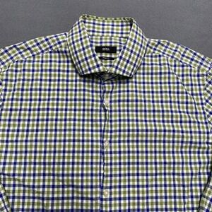 BOSS Hugo Boss Shirt Mens 17.5‎ XL Blue Green White Plaid Sharp Fit Long Sleeve